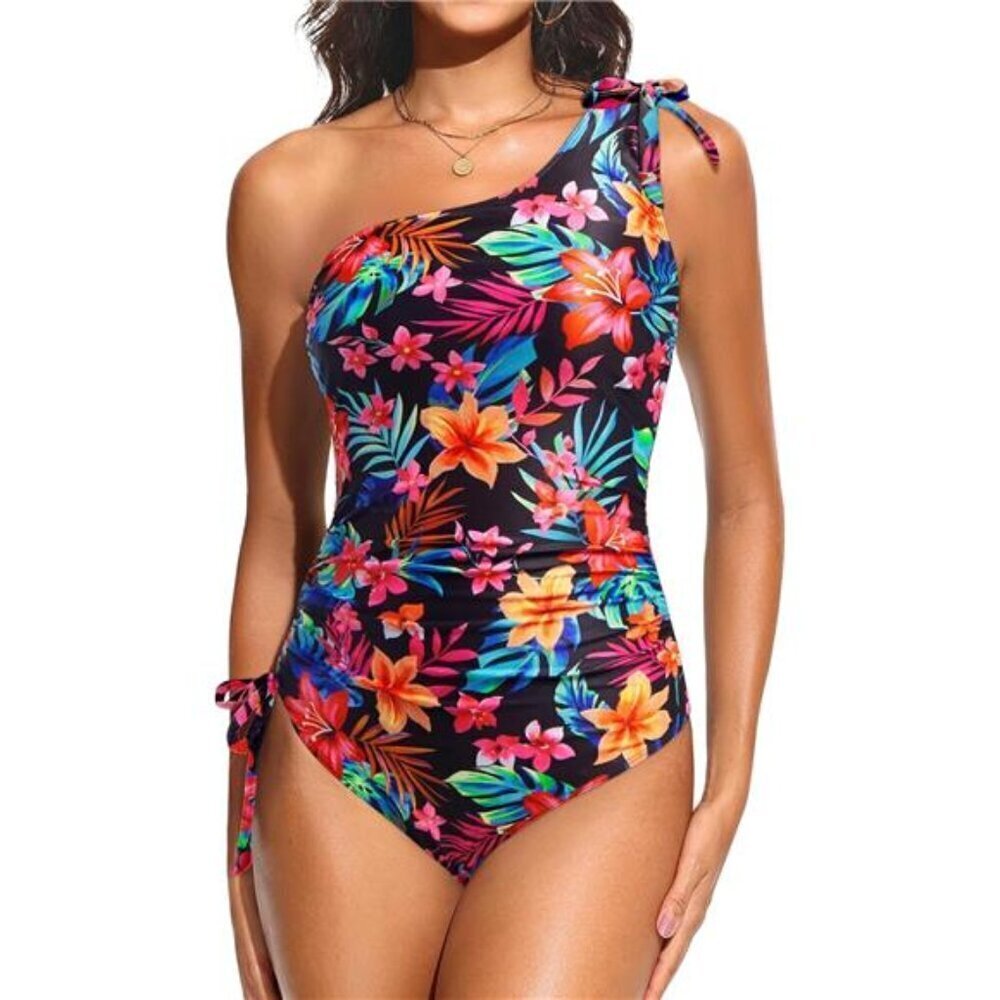 One Shoulder Floral One Piece Swimsuit Women Tummy Control Ruched Bathing Suit